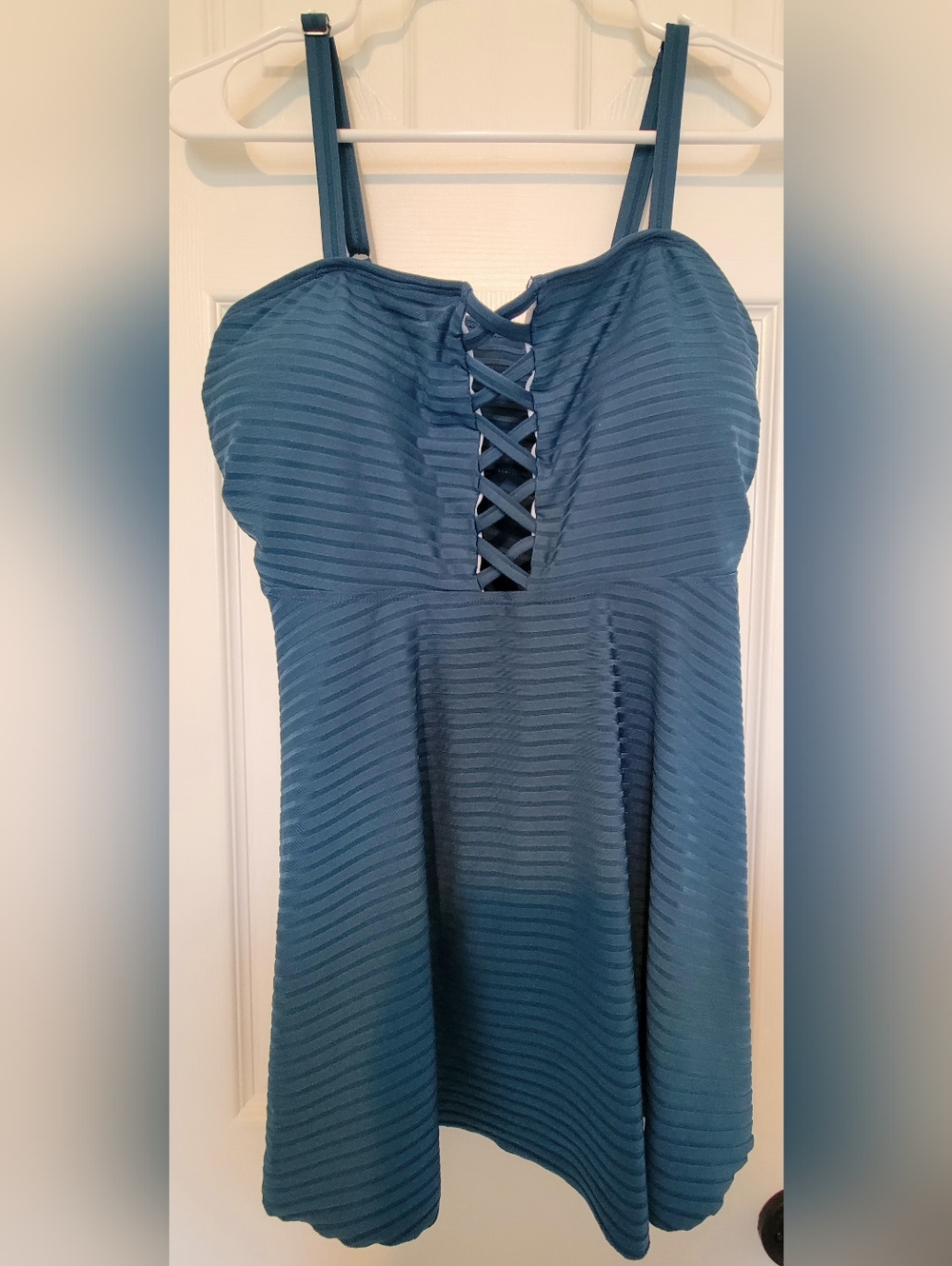 Women’s Teal Textured Lace-Up Bikini Tankini